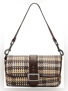 Like New Think Royln Socialite Handbag - Dune Plaid Raffia and Espresso